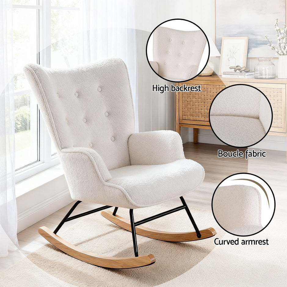 Artiss Rocking Armchair Nursing Chair Boucle Fabric White
