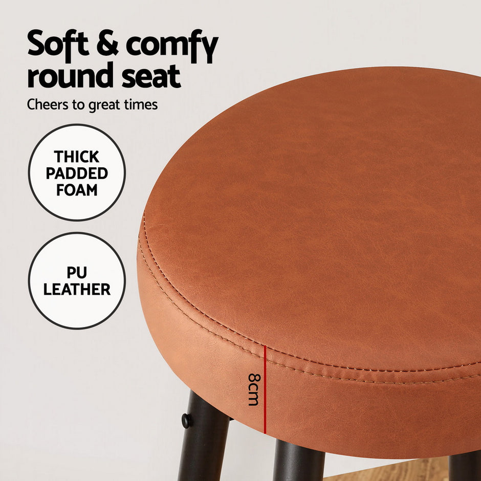 Artiss 2x Bar Stools Kitchen Dining Chairs Counter Round PU Leather Lane Brown