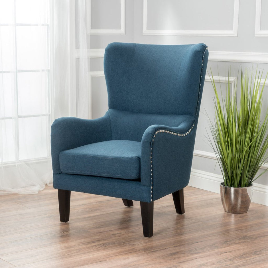 Vintage Dark Blue Fabric High Back Padded Armchair
