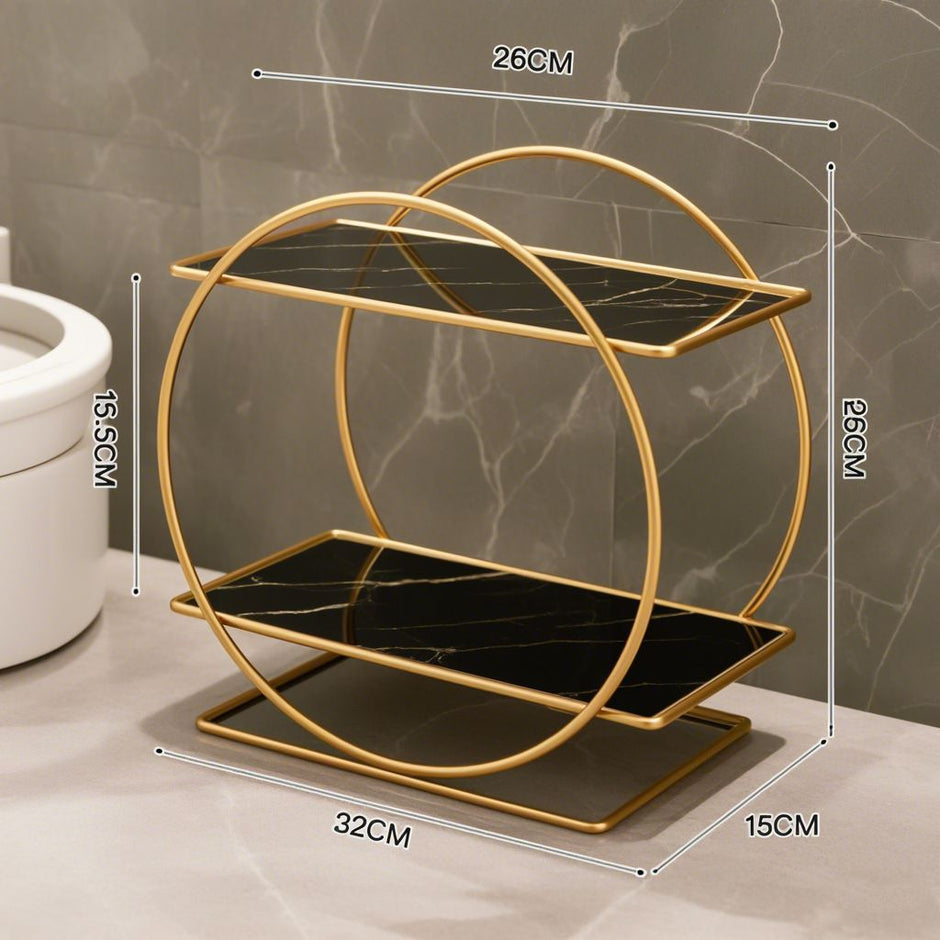 Elegant Golden Two-Tier Metal Cosmetic Organizer Stand - Luxury Countertop Makeup and Skincare Storage Shelf, Ideal for Bathroom Vanity, Home Decor, Dressing Table Accessories, and Perfume Storage