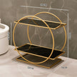 Elegant Golden Two-Tier Metal Cosmetic Organizer Stand - Luxury Countertop Makeup and Skincare Storage Shelf, Ideal for Bathroom Vanity, Home Decor, Dressing Table Accessories, and Perfume Storage