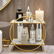 Elegant Golden Two-Tier Metal Cosmetic Organizer Stand - Luxury Countertop Makeup and Skincare Storage Shelf, Ideal for Bathroom Vanity, Home Decor, Dressing Table Accessories, and Perfume Storage