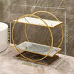 Elegant Golden Two-Tier Metal Cosmetic Organizer Stand - Luxury Countertop Makeup and Skincare Storage Shelf, Ideal for Bathroom Vanity, Home Decor, Dressing Table Accessories, and Perfume Storage