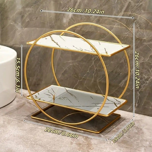 （White second floor）Elegant Golden Two-Tier Metal Cosmetic Organizer Stand - Luxury Countertop Makeup and Skincare Storage Shelf, Ideal for Bathroom Vanity, Home Decor, Dressing Table Accessories, and Perfume Storage
