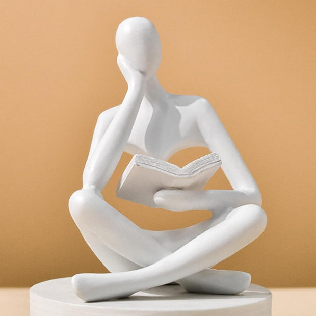 Abstract Reading Thinker Statue for Home Decor, Modern Resin Sculpture Figurine for Bookshelf, Desk & Living Room (White)