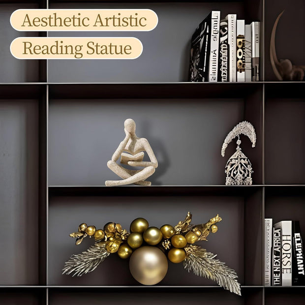 Abstract Reading Thinker Statue for Home Decor, Modern Resin Sculpture Figurine for Bookshelf, Desk & Living Room (White)
