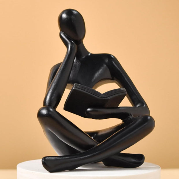 Abstract Reading Thinker Statue for Home Decor, Modern Resin Sculpture Figurine for Bookshelf, Desk & Living Room (Black)