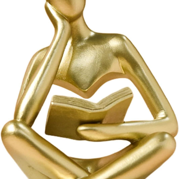 Abstract Reading Thinker Statue for Home Decor, Modern Resin Sculpture Figurine for Bookshelf, Desk & Living Room (Gold)
