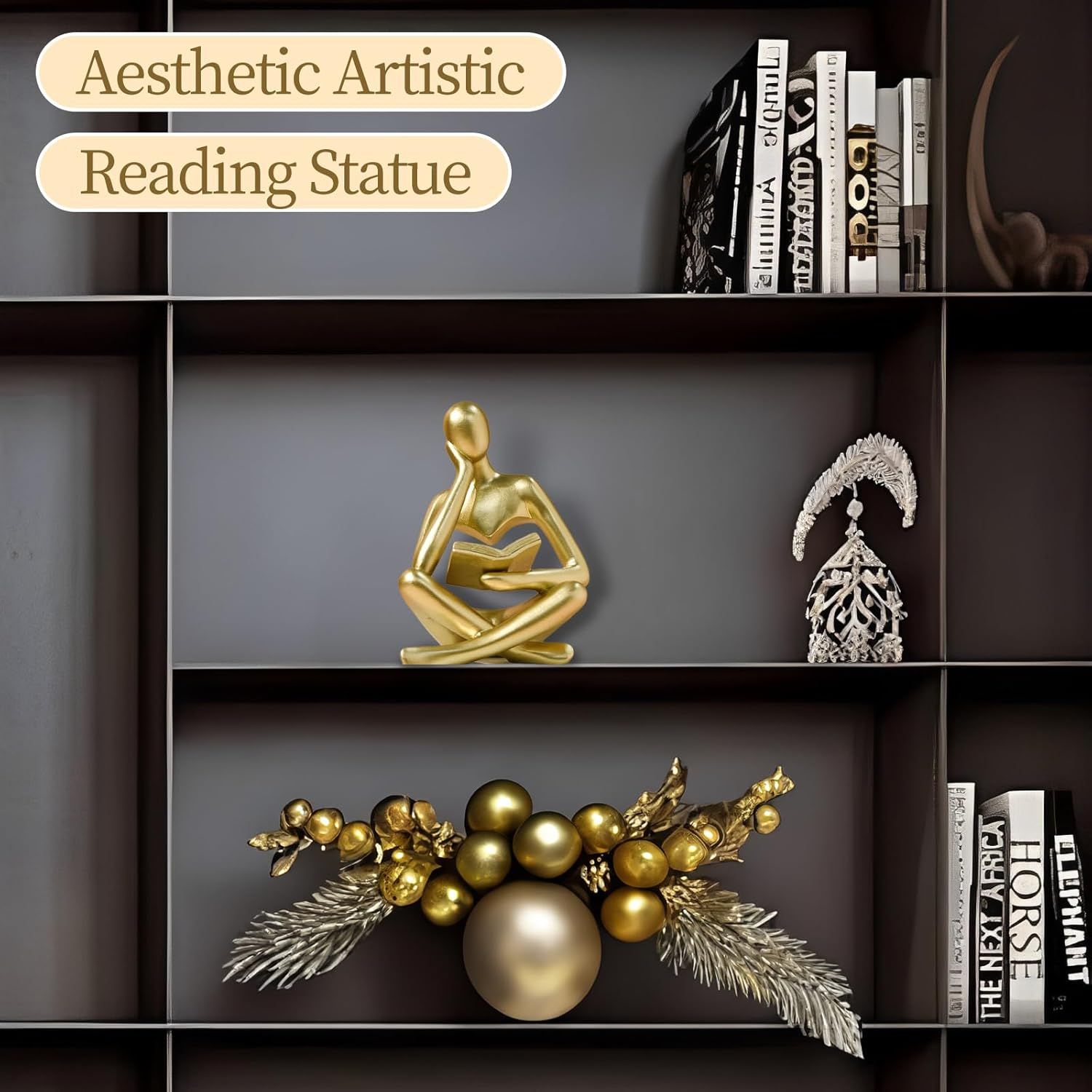Abstract Reading Thinker Statue for Home Decor, Modern Resin Sculpture Figurine for Bookshelf, Desk & Living Room (Gold)