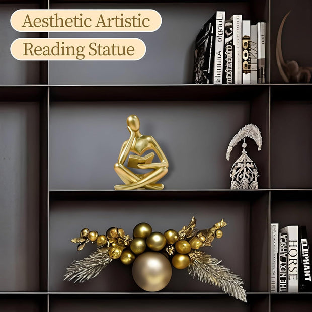 Abstract Reading Thinker Statue for Home Decor, Modern Resin Sculpture Figurine for Bookshelf, Desk & Living Room (Gold)