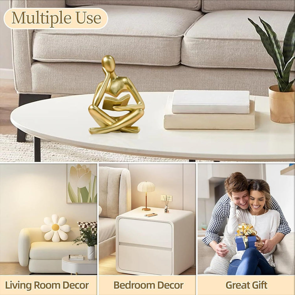 Abstract Reading Thinker Statue for Home Decor, Modern Resin Sculpture Figurine for Bookshelf, Desk & Living Room (Gold)
