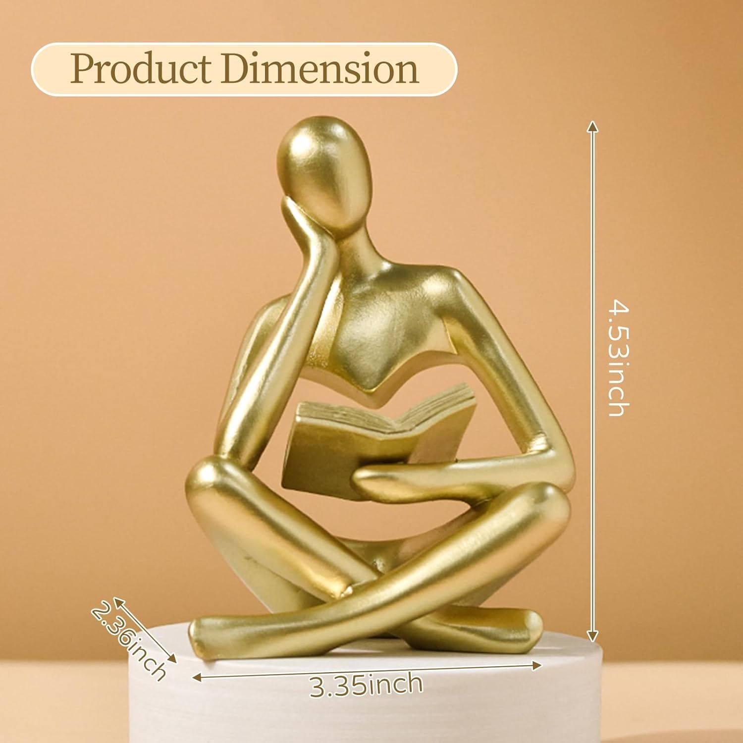 Abstract Reading Thinker Statue for Home Decor, Modern Resin Sculpture Figurine for Bookshelf, Desk & Living Room (Gold)