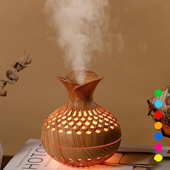 Portable USB Humidifier with 7-Color LED Night Light – Wood Grain Flower Design, Quiet Cool Mist Diffuser for Home, Office & Car (Lightwood)