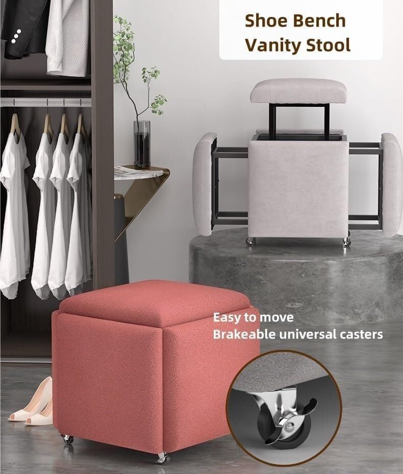 Stool, 5 in 1 Nesting Ottoman Stool with Swivel Casters Stackable Cube Square Sofa Vanity Movable Footstool for Living Room Bedroom(Five Colour)