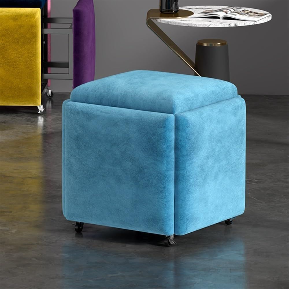 Stool, 5 in 1 Nesting Ottoman Stool with Swivel Casters Stackable Cube Square Sofa Vanity Movable Footstool for Living Room Bedroom(Yellow)