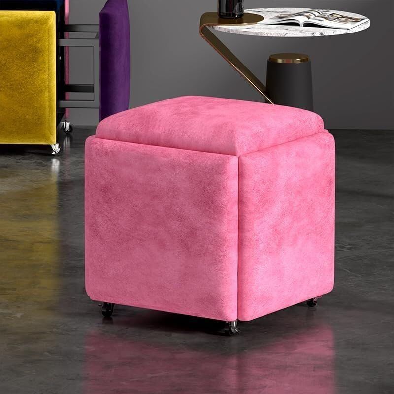 Stool, 5 in 1 Nesting Ottoman Stool with Swivel Casters Stackable Cube Square Sofa Vanity Movable Footstool for Living Room Bedroom(pink)