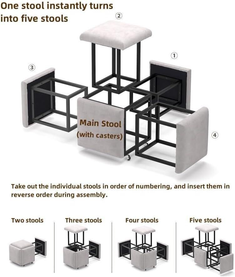 Stool, 5 in 1 Nesting Ottoman Stool with Swivel Casters Stackable Cube Square Sofa Vanity Movable Footstool for Living Room Bedroom(pink)