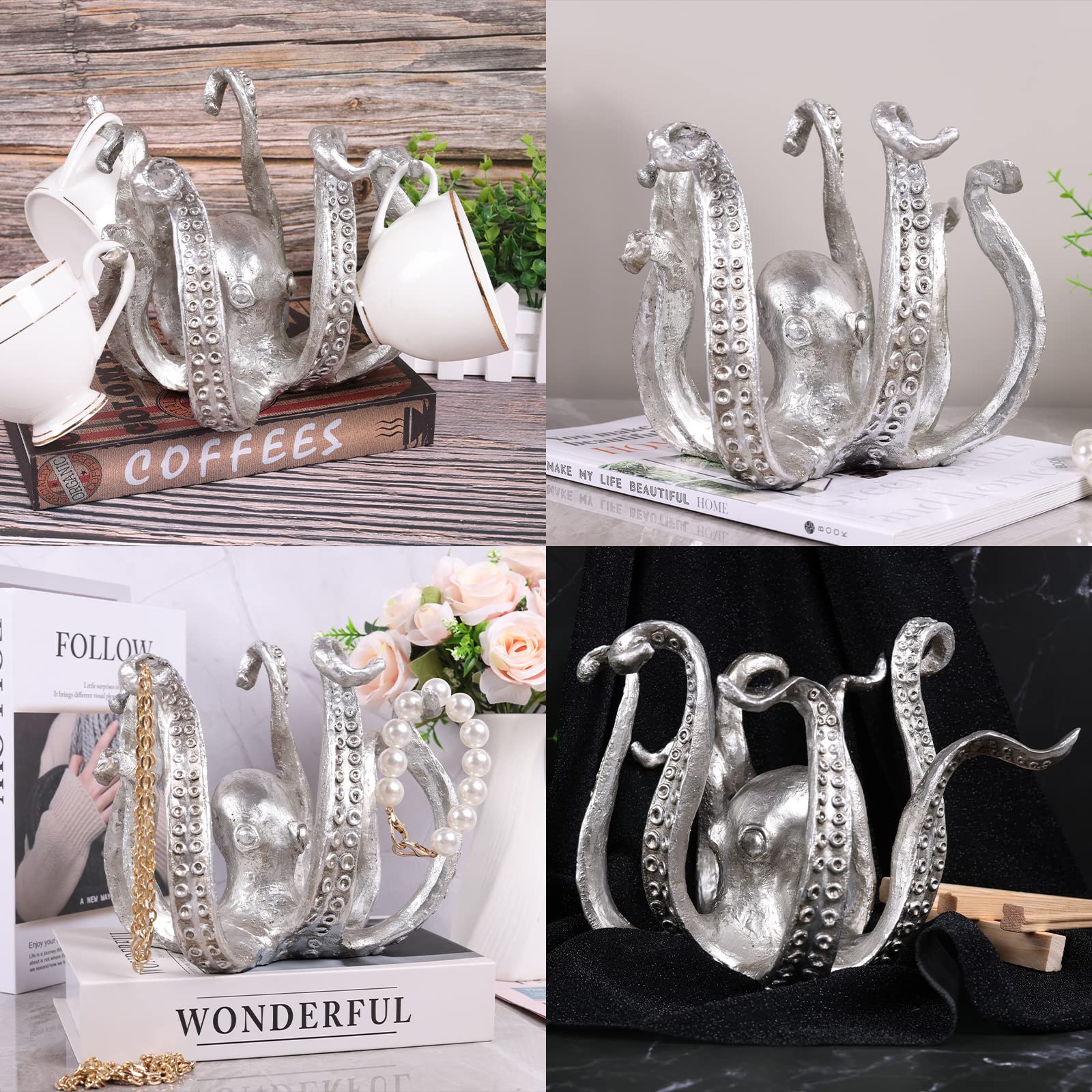 Multi-Functional Octopus Sculpture – Decorative Resin Cup Holder & Jewelry Organizer, Unique Home Accent for Living Room, Office, or Desk (Silver)