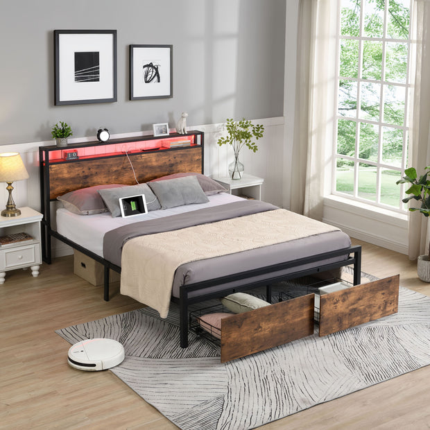 Double Bed Frame with Storage, Industrial Bed with Led Lights Headboard and 2 Drawers, Wooden Bed Frames with Charging Station, Noise Free, No Box Spring Needed, Easy Assembly, Rustic Brown