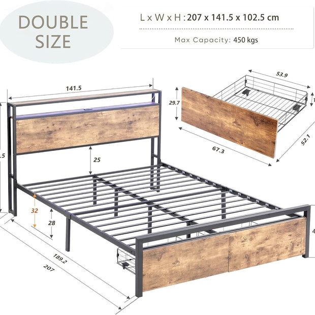 Double Bed Frame with Storage, Industrial Bed with Led Lights Headboard and 2 Drawers, Wooden Bed Frames with Charging Station, Noise Free, No Box Spring Needed, Easy Assembly, Rustic Brown