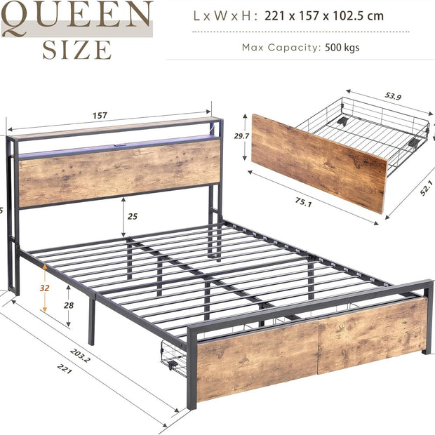 Queen Bed Frame with Storage, Industrial Bed with Led Lights Headboard and 2 Drawers, Wooden Bed Frames with Charging Station, Noise Free, No Box Spring Needed, Easy Assembly, Rustic Brown