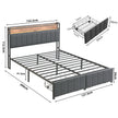 Double Bed Frame with 2 Storage Drawers and LED Lights Headboard, Upholstered Bed Frame with Charging Station, No Box Spring Needed, Easy Assembly - Grey