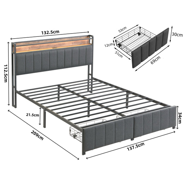 Double Bed Frame with 2 Storage Drawers and LED Lights Headboard, Upholstered Bed Frame with Charging Station, No Box Spring Needed, Easy Assembly - Grey