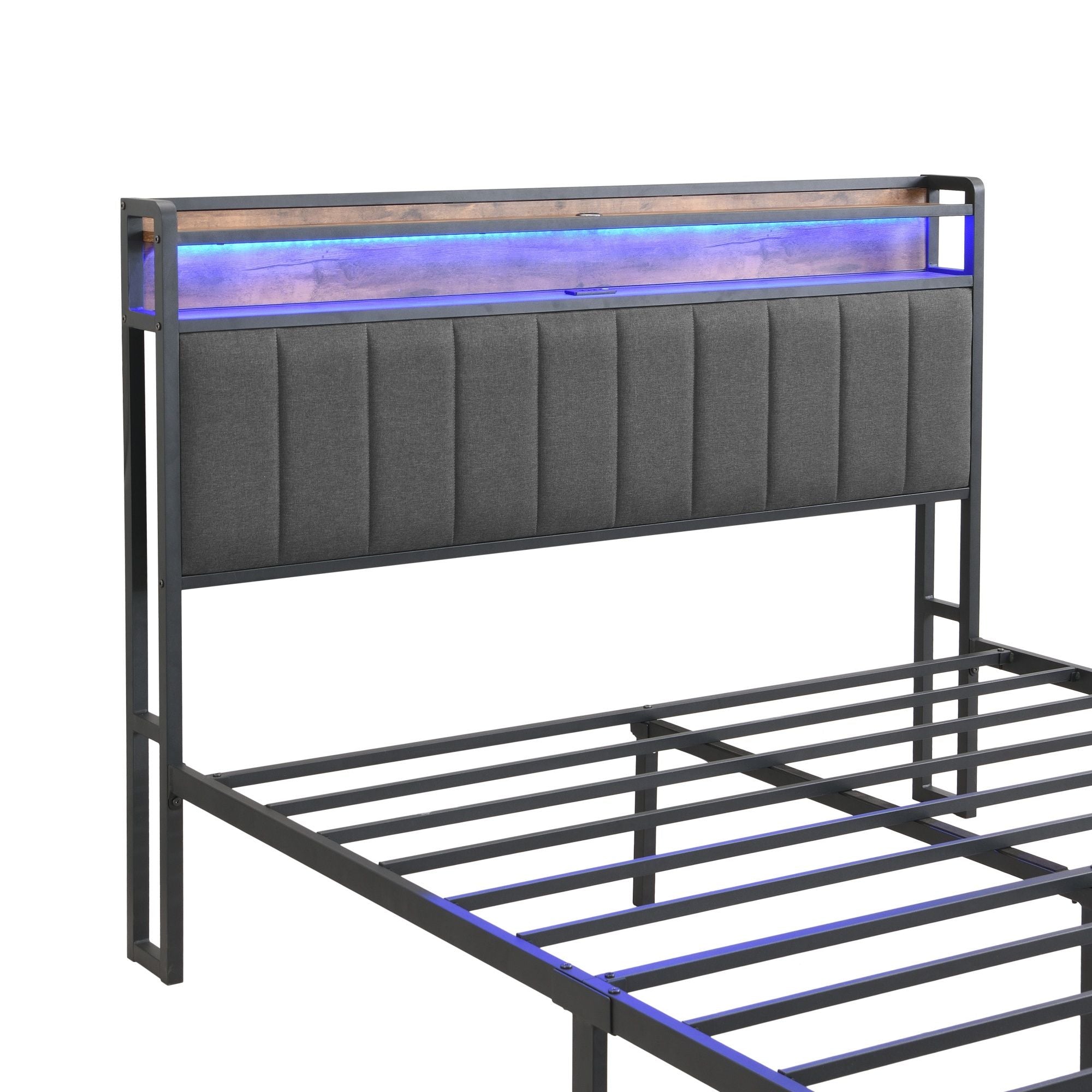 Double Bed Frame with 2 Storage Drawers and LED Lights Headboard, Upholstered Bed Frame with Charging Station, No Box Spring Needed, Easy Assembly - Grey