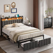 Queen Bed Frame with 2 Storage Drawers and LED Lights Headboard, Upholstered Bed Frame with Charging Station, No Box Spring Needed, Easy Assembly - Grey