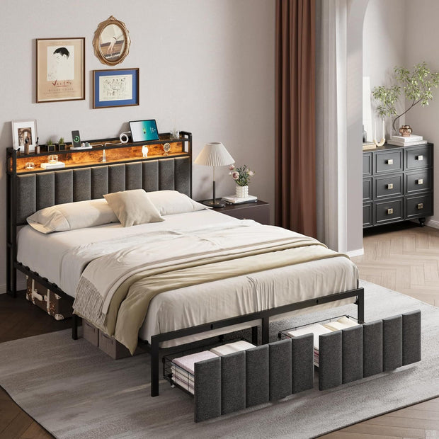 Queen Bed Frame with 2 Storage Drawers and LED Lights Headboard, Upholstered Bed Frame with Charging Station, No Box Spring Needed, Easy Assembly - Grey