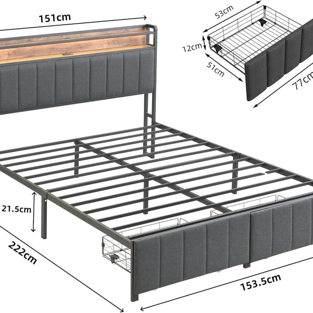 Queen Bed Frame with 2 Storage Drawers and LED Lights Headboard, Upholstered Bed Frame with Charging Station, No Box Spring Needed, Easy Assembly - Grey