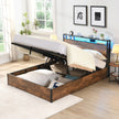 Gas Lift Bed Frame with Storage, Double Size Wooden Slats Platform Bed Frame with LED Lights and Charging Station, No Box Spring Needed, Noise Free, Rustic Brown