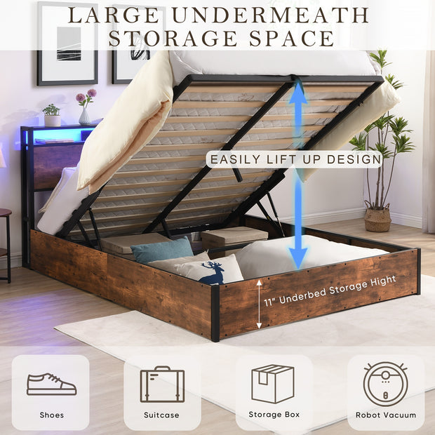 Gas Lift Bed Frame with Storage, Double Size Wooden Slats Platform Bed Frame with LED Lights and Charging Station, No Box Spring Needed, Noise Free, Rustic Brown