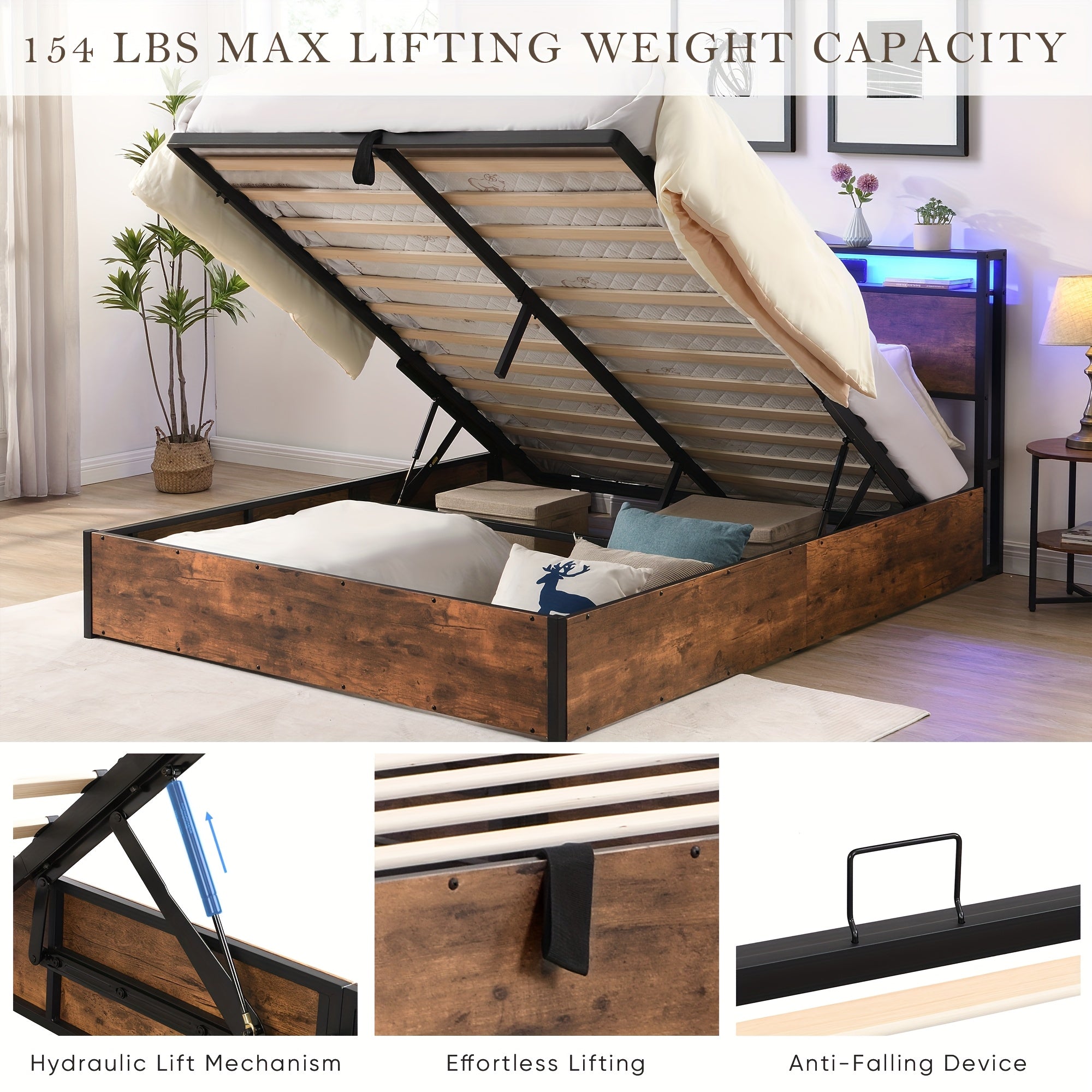 Gas Lift Bed Frame with Storage, Double Size Wooden Slats Platform Bed Frame with LED Lights and Charging Station, No Box Spring Needed, Noise Free, Rustic Brown