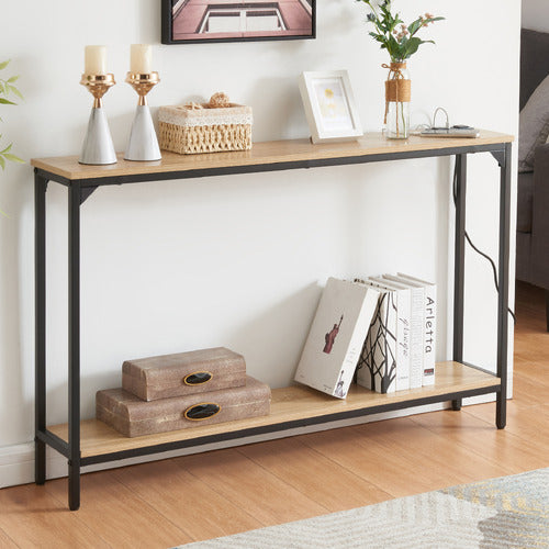 2 Tier Console Table with Power Outlets and USB Ports, Wood Entryway Table with Charging Station & Storage Shelf, Narrow 2-Tier Sofa Table for Living Room Hallway Foyer