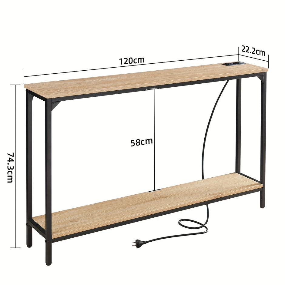 2 Tier Console Table with Power Outlets and USB Ports, Wood Entryway Table with Charging Station & Storage Shelf, Narrow 2-Tier Sofa Table for Living Room Hallway Foyer