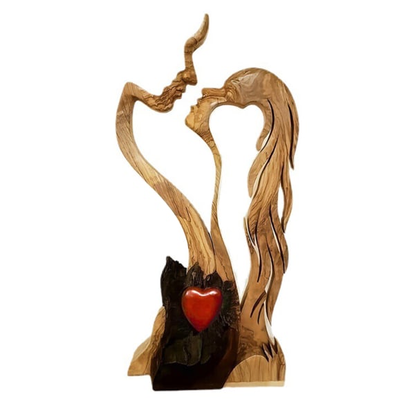 Wooden Love Heart Kissing Couple Abstract Sculpture Romantic Statue Figures