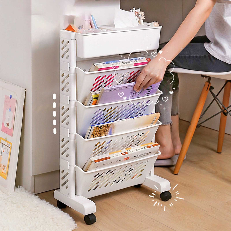 Mobile Bookshelf, Plastic Rolling Organization Shelf, Practical Rotatable for Home, Movable Bookcase with Wheels, Floor Shelf, Book Stand Trolley, Plastic Mobile Bookshelf Organizer White