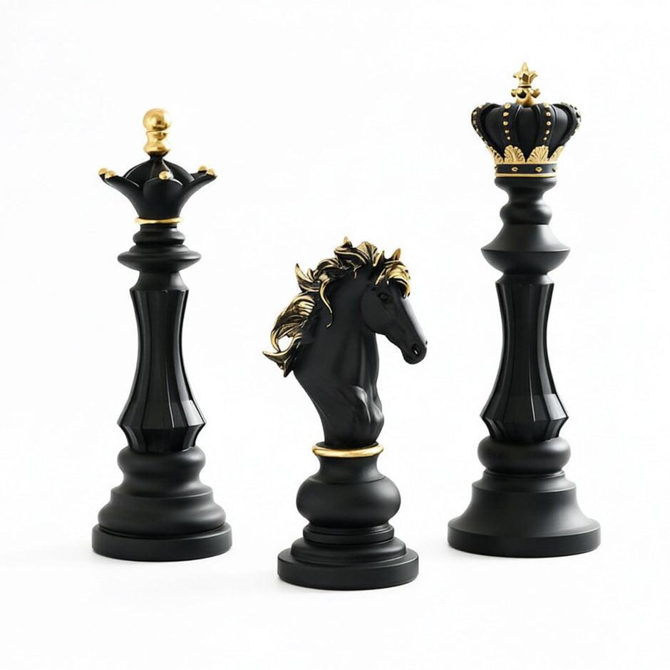 Luxury Resin Chess Piece Statues Set of 3 - King, Queen & Knight Horse Head Sculptures with Gold Trim - Classic Strategy Game Art Decor for Living Room, Study, Office & Bar Cabinet（Black）
