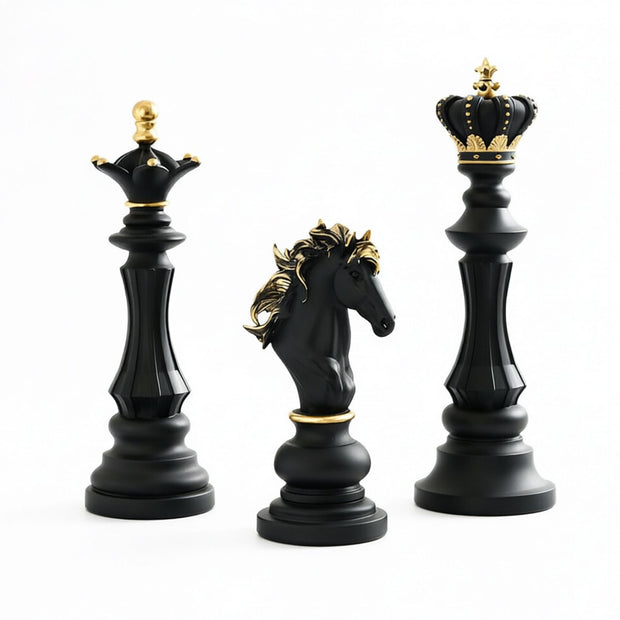 Luxury Resin Chess Piece Statues Set of 3 - King, Queen & Knight Horse Head Sculptures with Gold Trim - Classic Strategy Game Art Decor for Living Room, Study, Office & Bar Cabinet（Black）