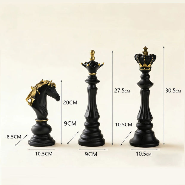 Luxury Resin Chess Piece Statues Set of 3 - King, Queen & Knight Horse Head Sculptures with Gold Trim - Classic Strategy Game Art Decor for Living Room, Study, Office & Bar Cabinet（Black）