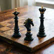 Luxury Resin Chess Piece Statues Set of 3 - King, Queen & Knight Horse Head Sculptures with Gold Trim - Classic Strategy Game Art Decor for Living Room, Study, Office & Bar Cabinet（Black）