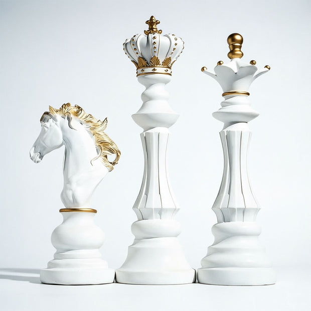 Luxury Resin Chess Piece Statues Set of 3 - King, Queen & Knight Horse Head Sculptures with Gold Trim - Classic Strategy Game Art Decor for Living Room, Study, Office & Bar Cabinet（White）