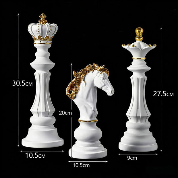 Luxury Resin Chess Piece Statues Set of 3 - King, Queen & Knight Horse Head Sculptures with Gold Trim - Classic Strategy Game Art Decor for Living Room, Study, Office & Bar Cabinet（White）
