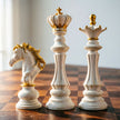 Luxury Resin Chess Piece Statues Set of 3 - King, Queen & Knight Horse Head Sculptures with Gold Trim - Classic Strategy Game Art Decor for Living Room, Study, Office & Bar Cabinet（White）