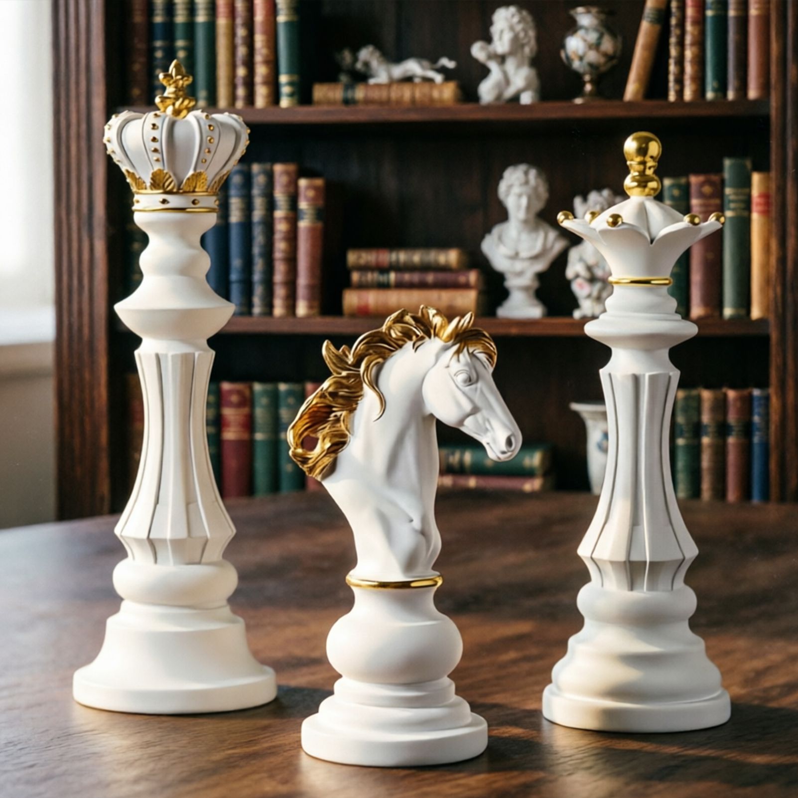 Luxury Resin Chess Piece Statues Set of 3 - King, Queen & Knight Horse Head Sculptures with Gold Trim - Classic Strategy Game Art Decor for Living Room, Study, Office & Bar Cabinet（White）