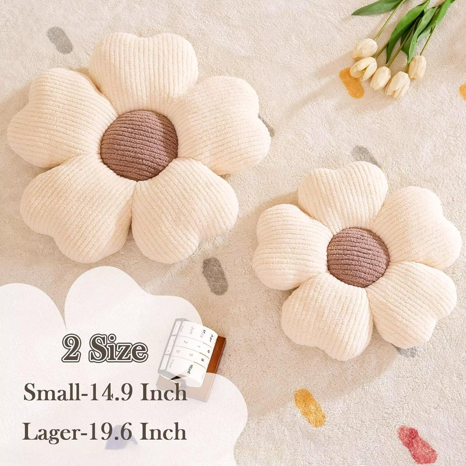 Flower Throw Pillow, Cute Flower Shaped Pillow Decorative Throw Pillow for Bed Couch, Soft Daisy Pillows Floor Seating Cushion Cushions (14.9 Inch Ivory+Brown)