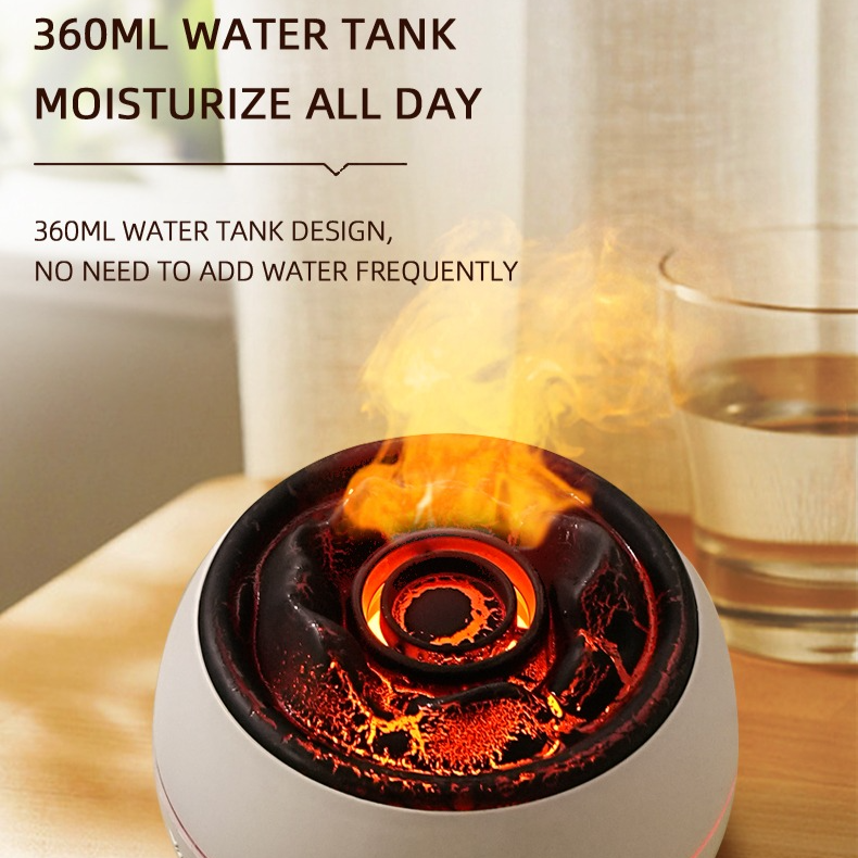 Volcano Flame Aroma Diffuser and Humidifier, 7-Color Changing Lava Fire Essential Oil Diffuser with Timer, 360ml for Home, Bedroom, or Desk – White