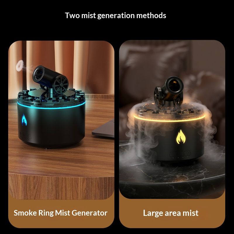 Cannon-Shaped Smoke Ring Aroma Diffuser and Humidifier, 2 Mist Modes, RGB Color-Changing Lava Lamp Essential Oil Diffuser, for Home or Desk – Black and Gold