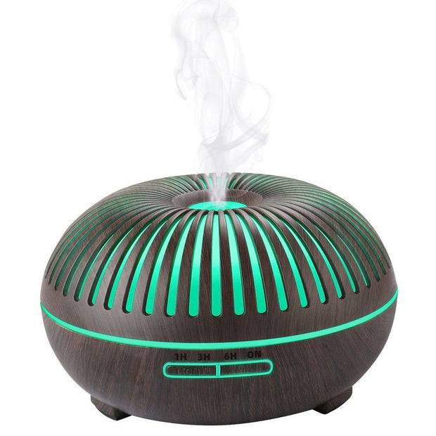 550ML Wood-Grain Aroma Diffuser and Humidifier with Bluetooth Speaker, 7-Color LED Night Light, Remote Control, Timer, and Auto Shut-Off – Dark Wood